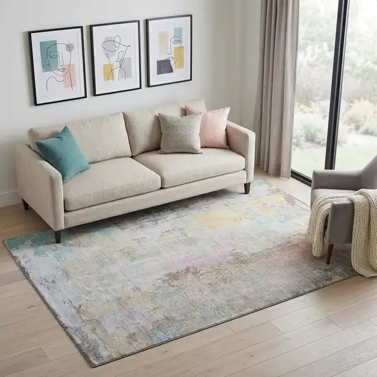 Taupe Teal And Purple Abstract Washable Area Rug With UV Protection Photo 1
