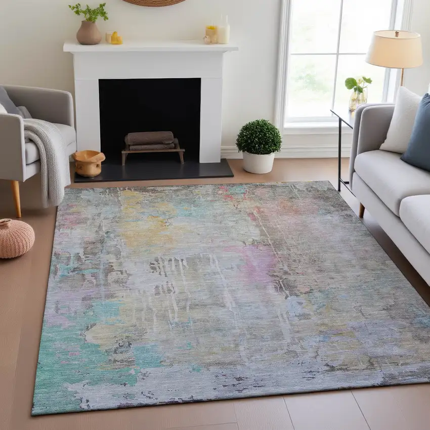 Taupe Teal And Purple Abstract Washable Area Rug With UV Protection Photo 3