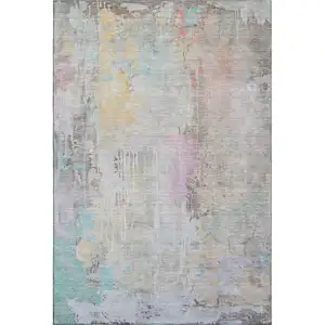 Photo of Taupe Teal And Purple Abstract Washable Area Rug With UV Protection