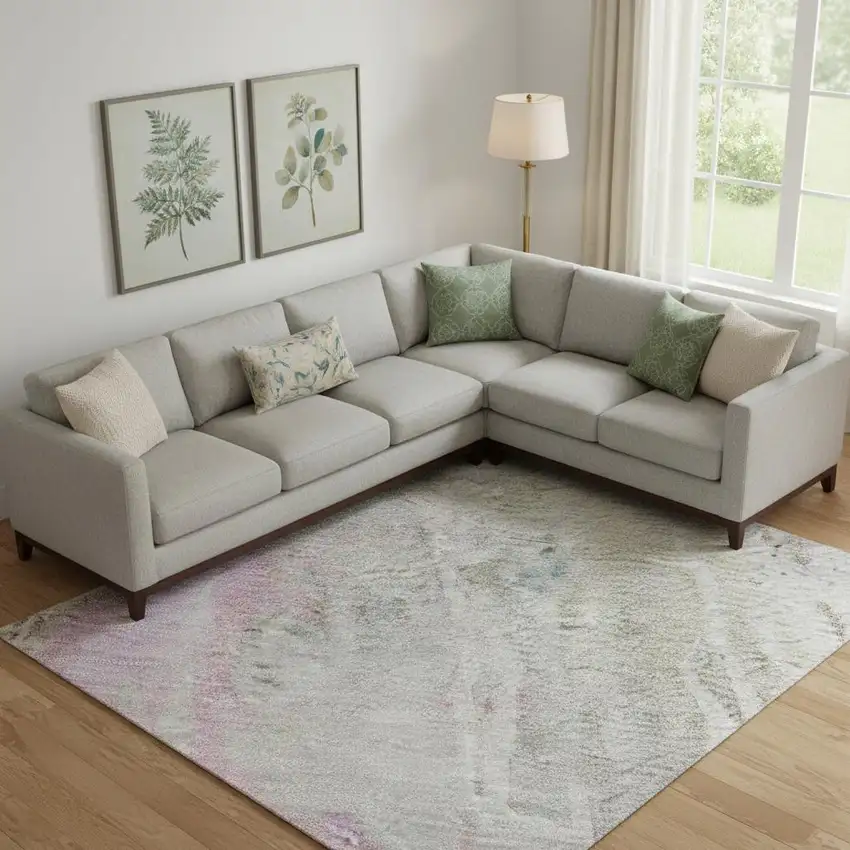 Taupe Teal And Purple Abstract Washable Area Rug With UV Protection Photo 2