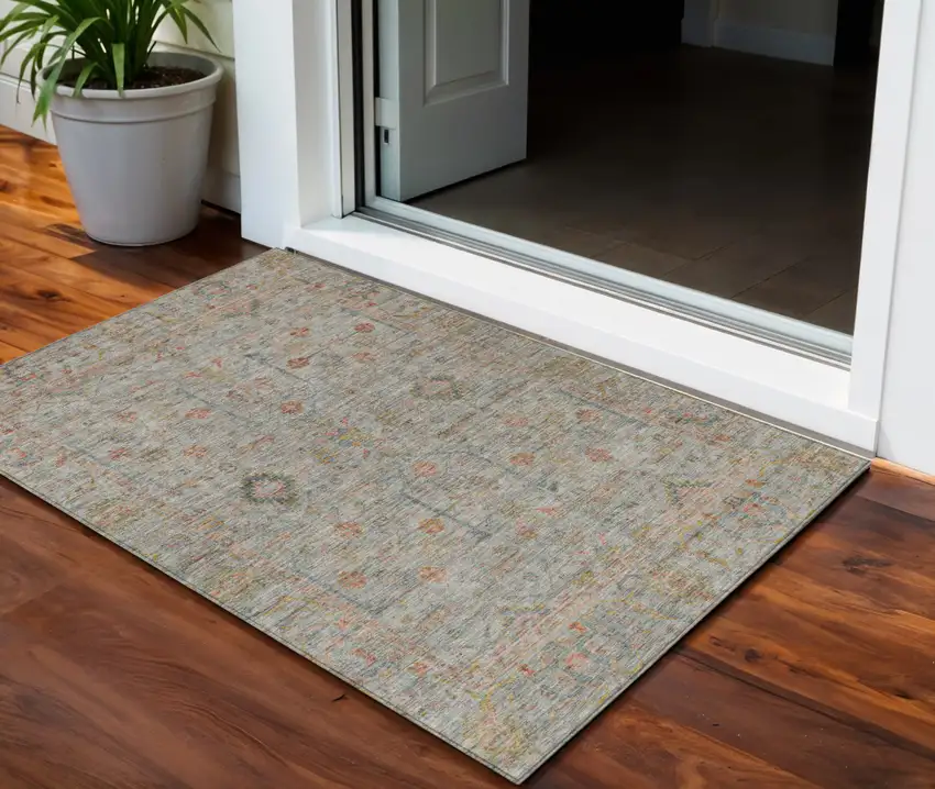 Taupe Terra Cotta And Tan Floral Washable Indoor Outdoor Area Rug Photo 1