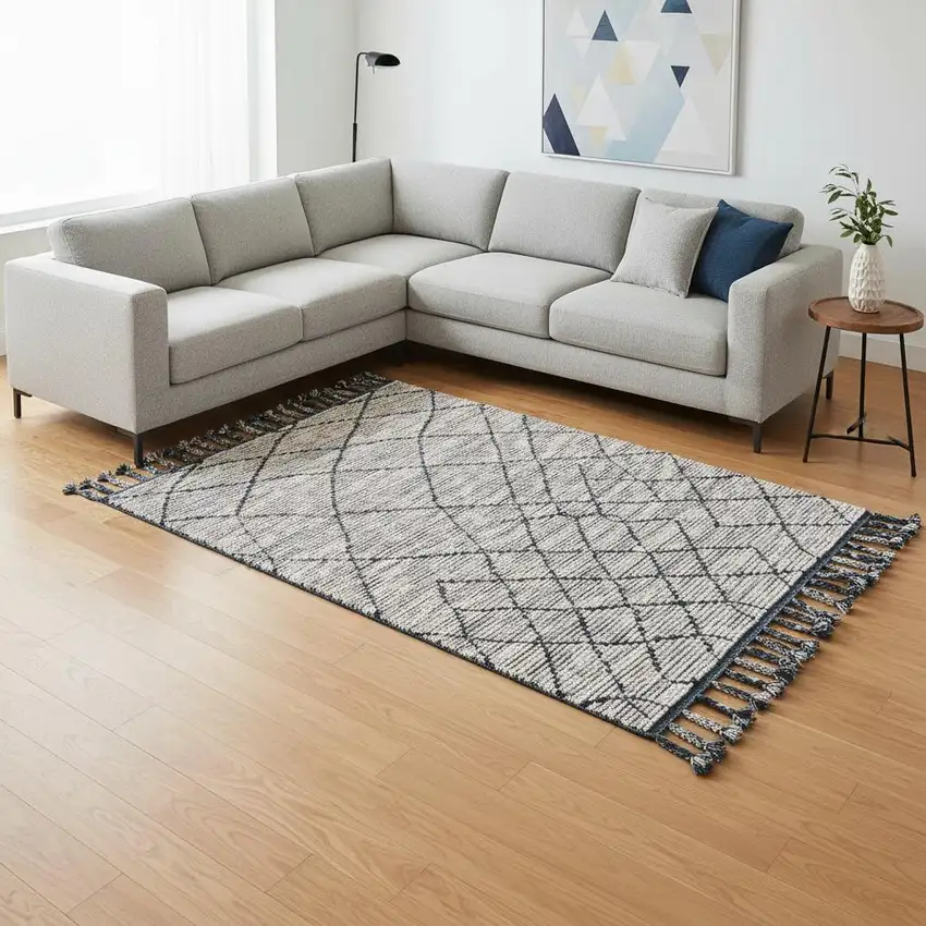 Taupe Wool Geometric Hand Knotted Area Rug Photo 1