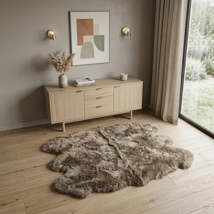 Taupe Wool Sheepskin Handmade Area Rug Photo 1