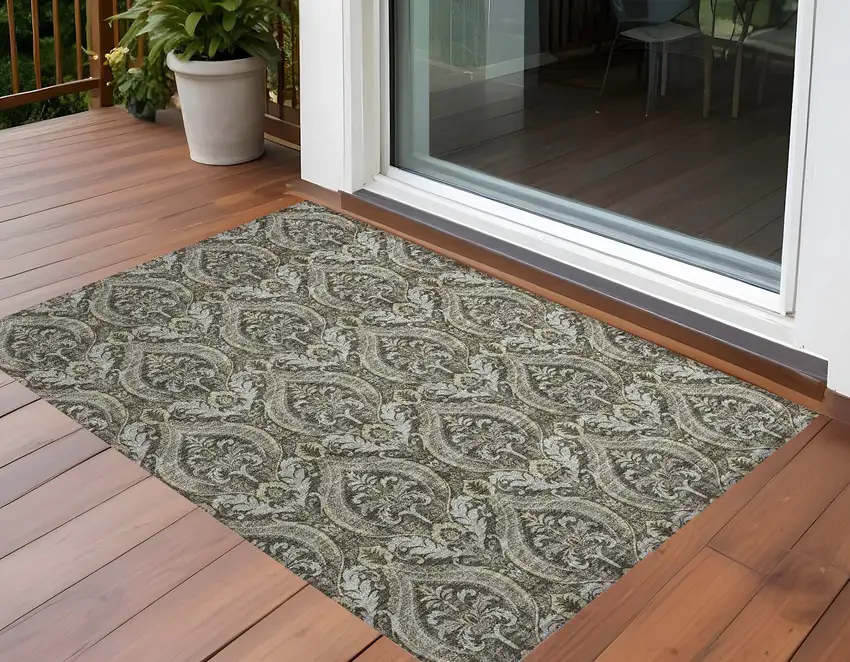 Taupe and Beige Damask Washable Non Skid Indoor Outdoor Area Rug Photo 1