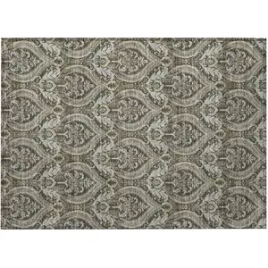 Photo of Taupe and Beige Damask Washable Non Skid Indoor Outdoor Area Rug