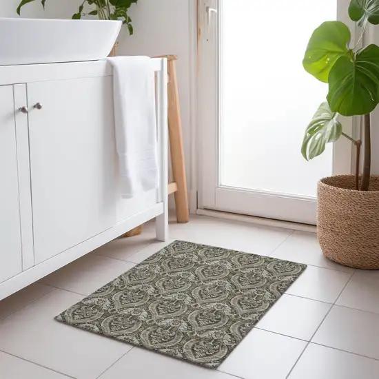 Taupe and Beige Damask Washable Non Skid Indoor Outdoor Area Rug Photo 9