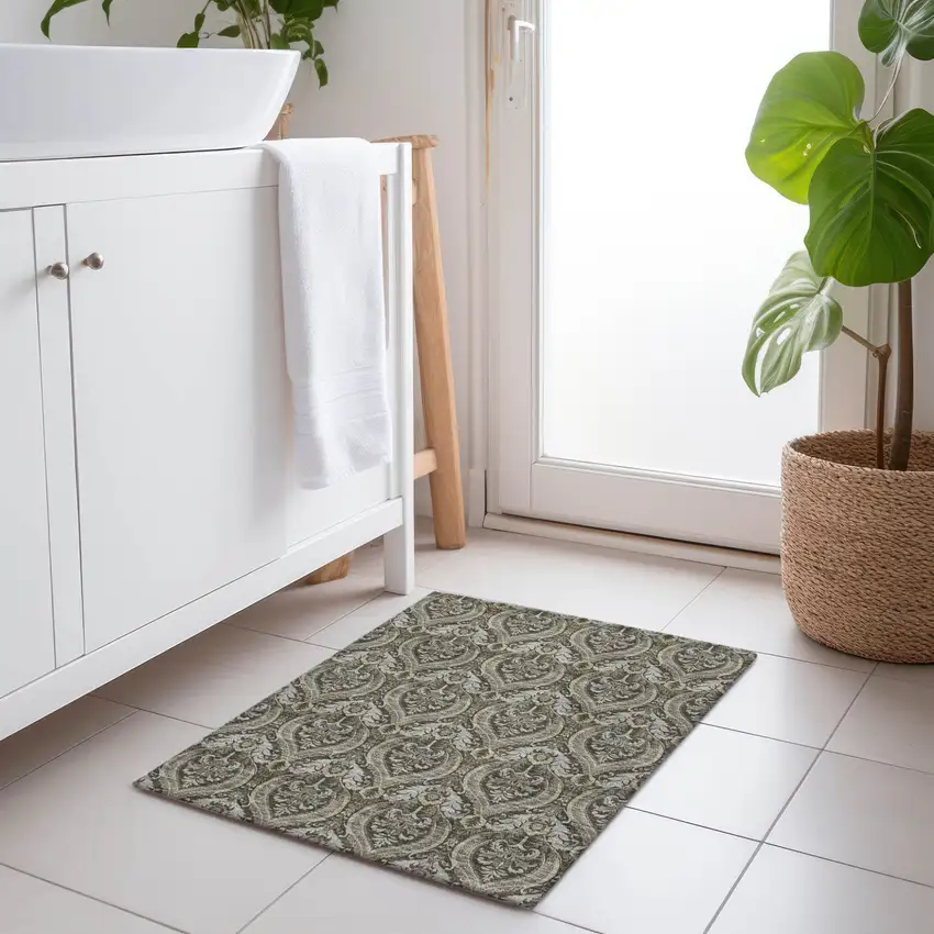 Taupe and Beige Damask Washable Non Skid Indoor Outdoor Area Rug Photo 9