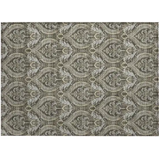 Taupe and Beige Damask Washable Non Skid Indoor Outdoor Area Rug Photo 2