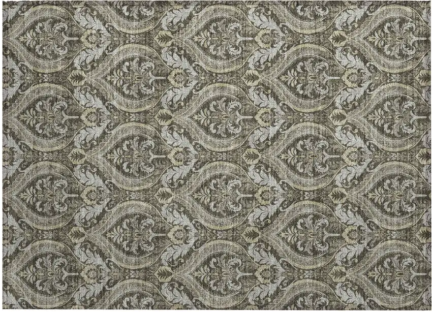 Taupe and Beige Damask Washable Non Skid Indoor Outdoor Area Rug Photo 2