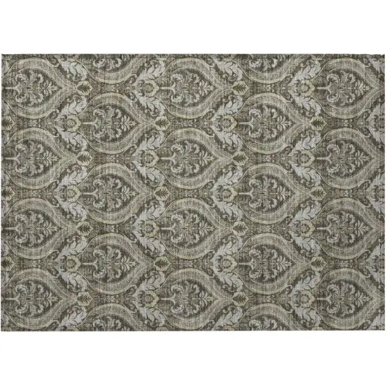 Taupe and Beige Damask Washable Non Skid Indoor Outdoor Area Rug Photo 5