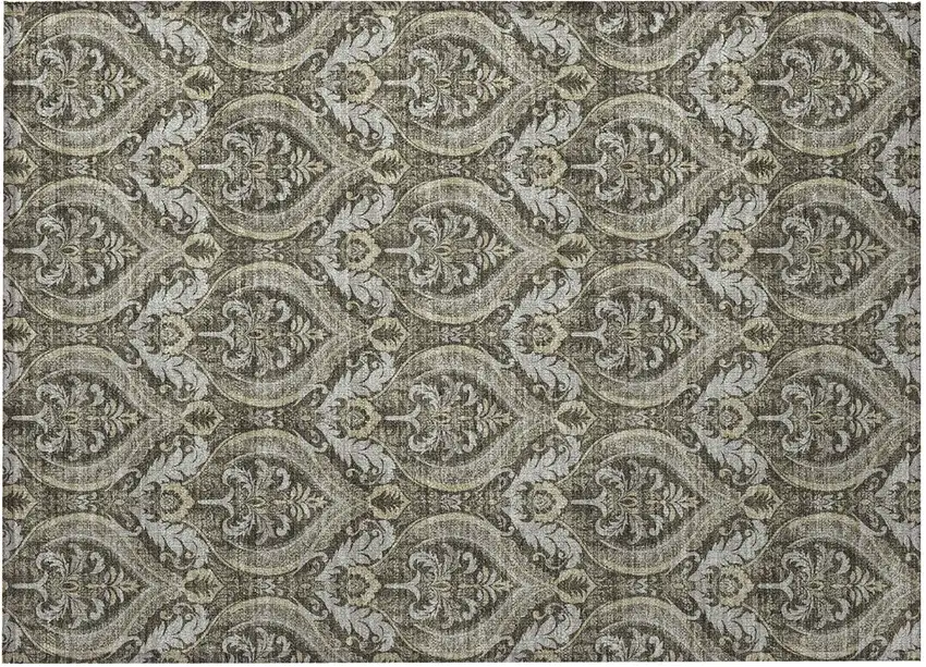 Taupe and Beige Damask Washable Non Skid Indoor Outdoor Area Rug Photo 5