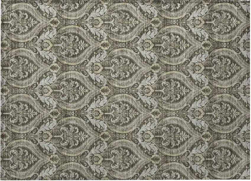 Taupe and Beige Damask Washable Non Skid Indoor Outdoor Area Rug Photo 5