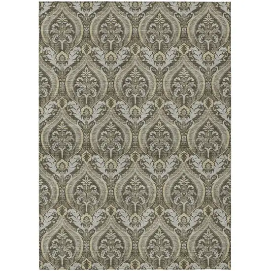 Taupe and Beige Damask Washable Non Skid Indoor Outdoor Area Rug Photo 2