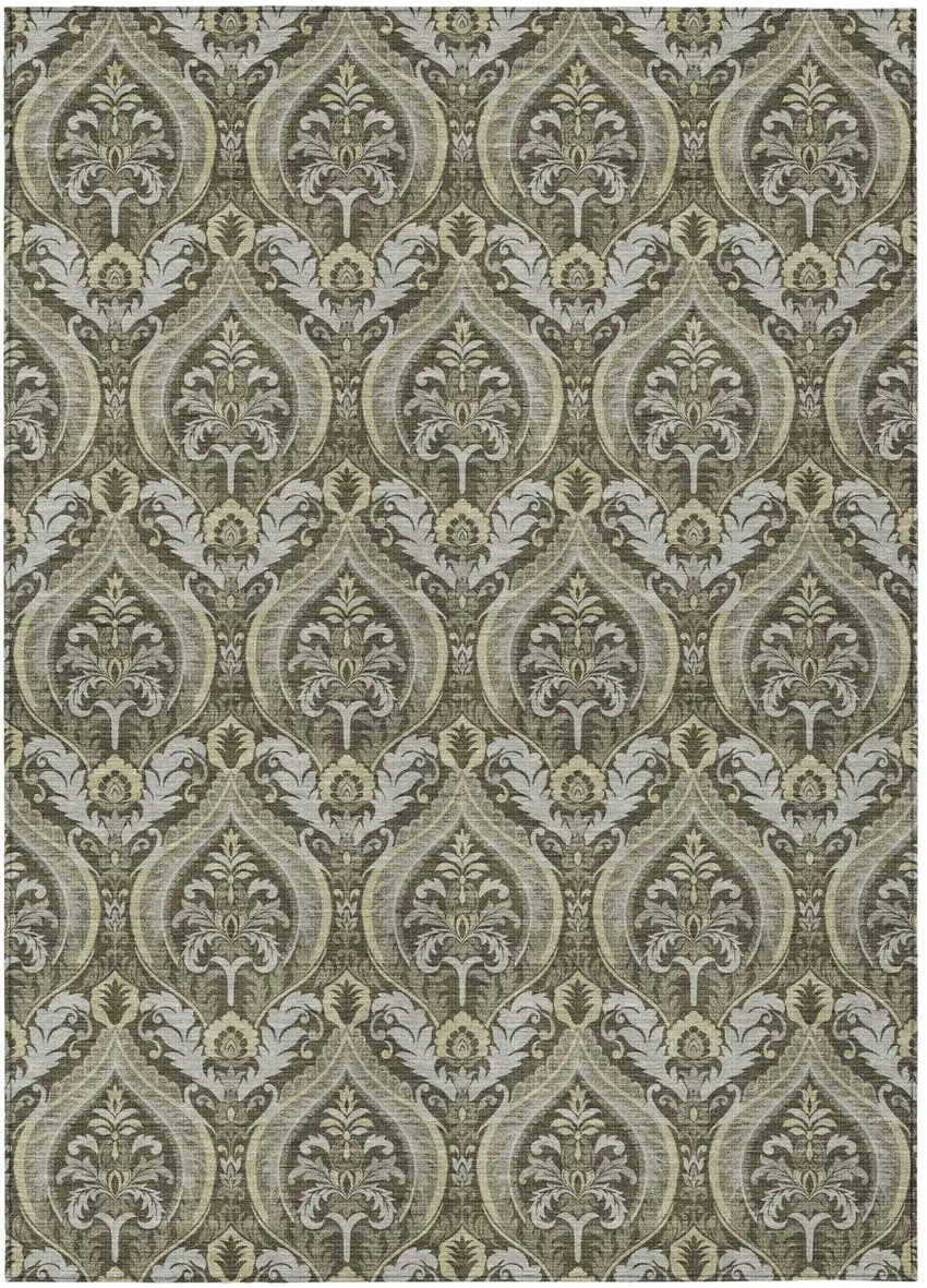 Taupe and Beige Damask Washable Non Skid Indoor Outdoor Area Rug Photo 2