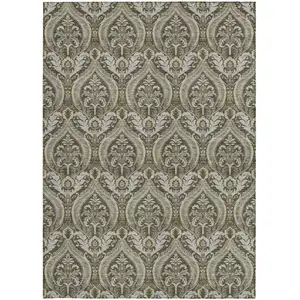 Photo of Taupe and Beige Damask Washable Non Skid Indoor Outdoor Area Rug