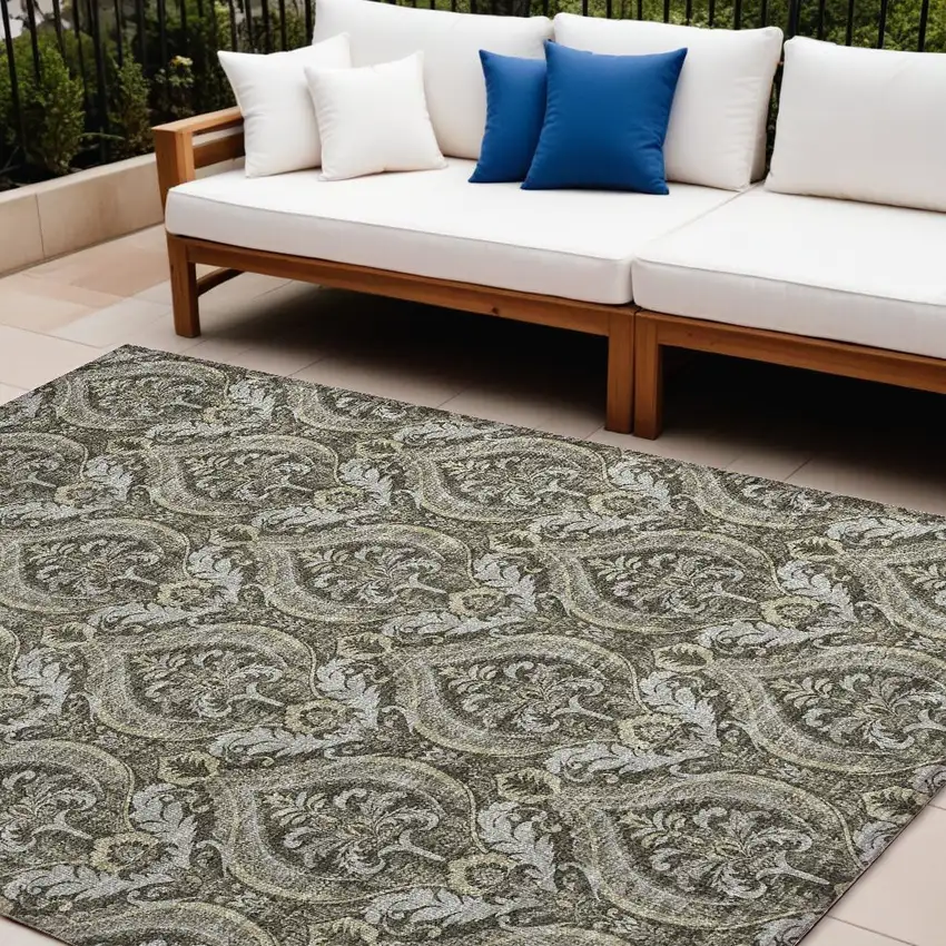 Taupe and Beige Damask Washable Non Skid Indoor Outdoor Area Rug Photo 1
