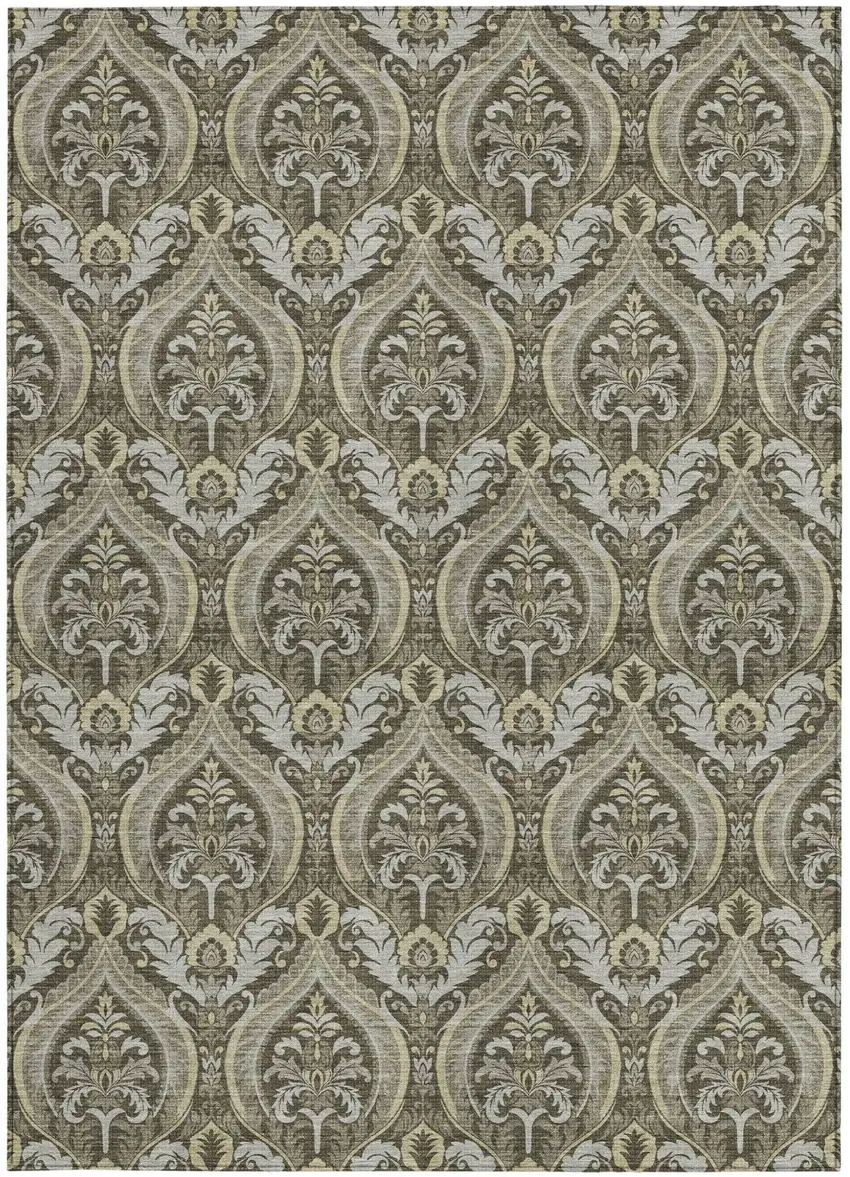 Taupe and Beige Damask Washable Non Skid Indoor Outdoor Area Rug Photo 4