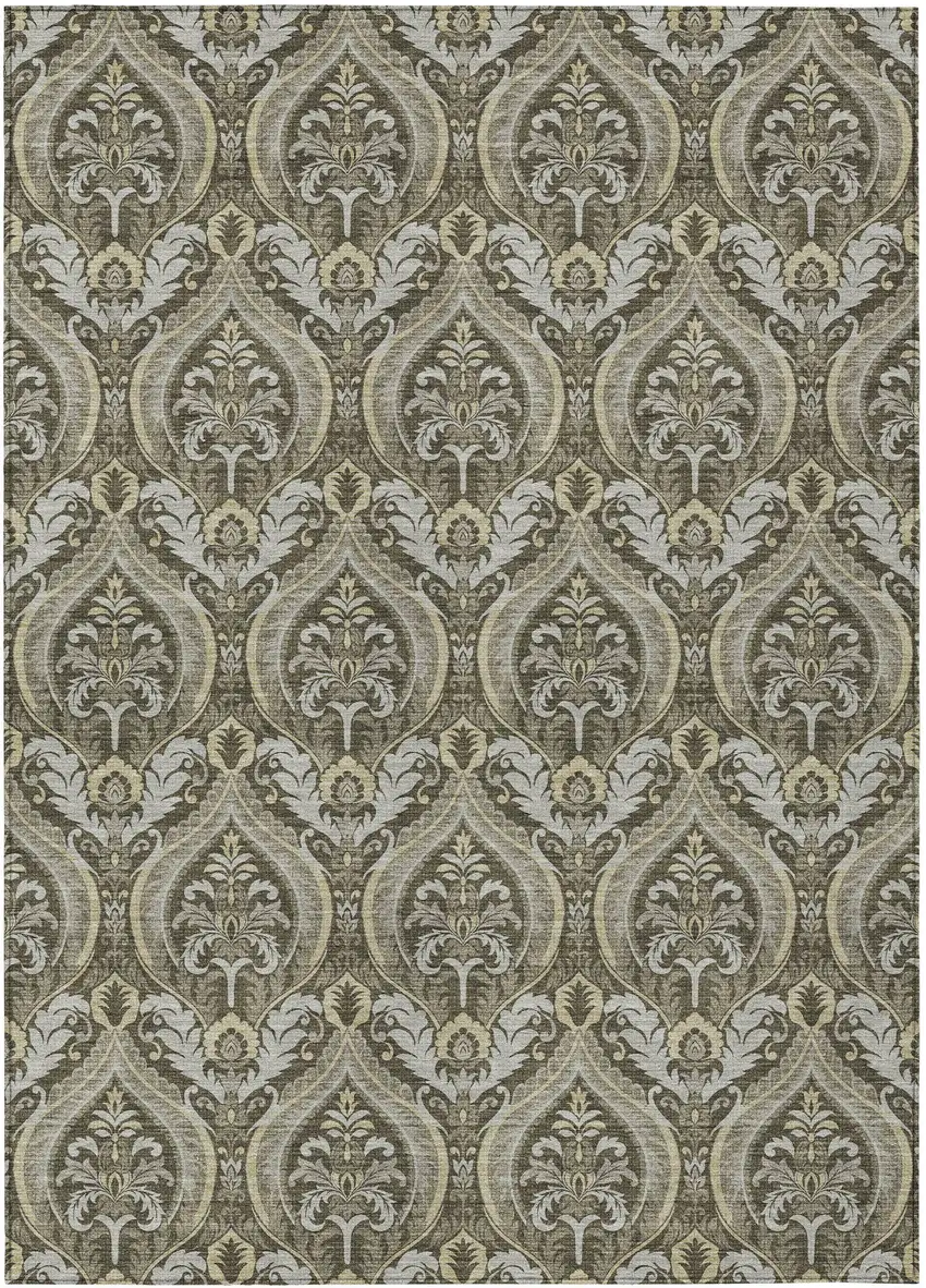 Taupe and Beige Damask Washable Non Skid Indoor Outdoor Area Rug Photo 2