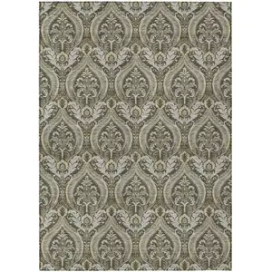 Photo of Taupe and Beige Damask Washable Non Skid Indoor Outdoor Area Rug