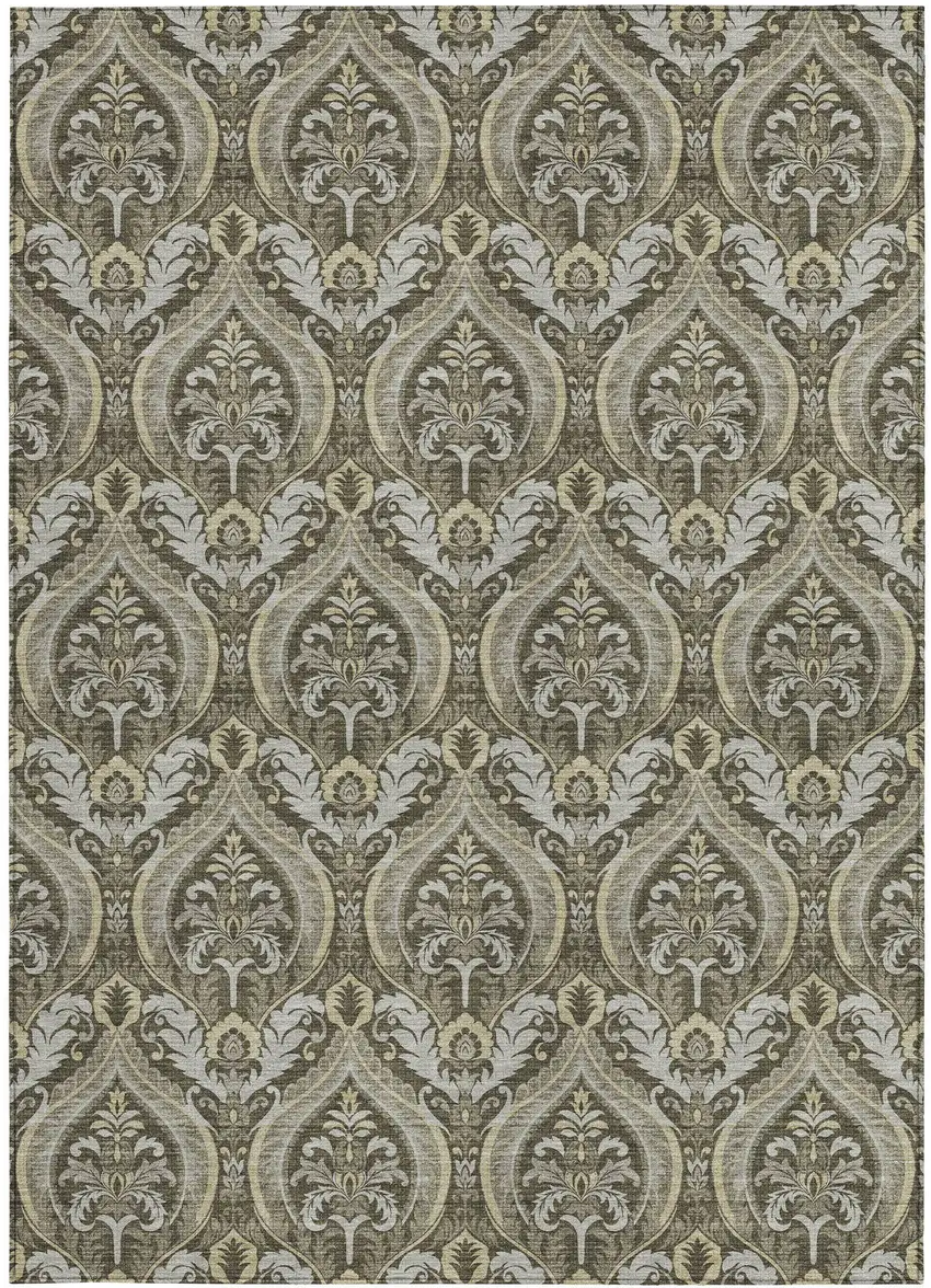 Taupe and Beige Damask Washable Non Skid Indoor Outdoor Area Rug Photo 5