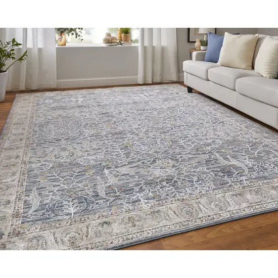 Blue Taupe And Ivory Ikat Distressed Area Rug With Fringe Photo 9