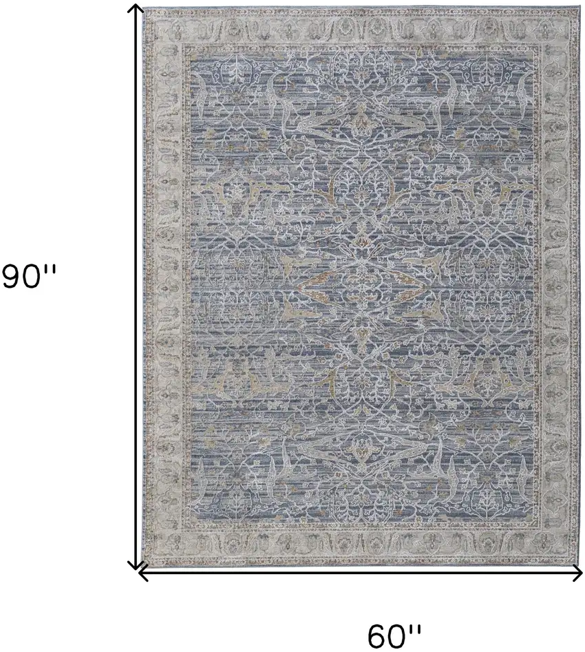 Taupe and Blue Ikat Power Loom Worn Faded Area Rug With Fringe Photo 3
