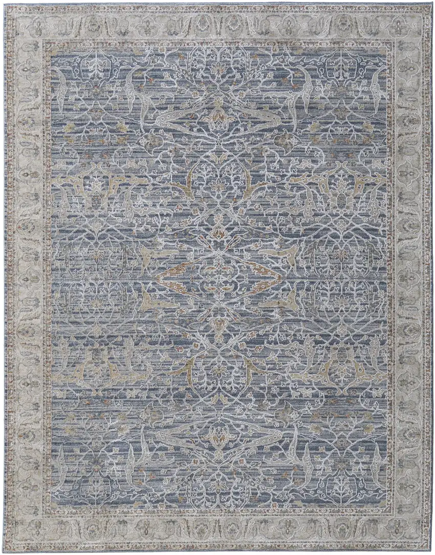 Taupe and Blue Ikat Power Loom Worn Faded Area Rug With Fringe Photo 4