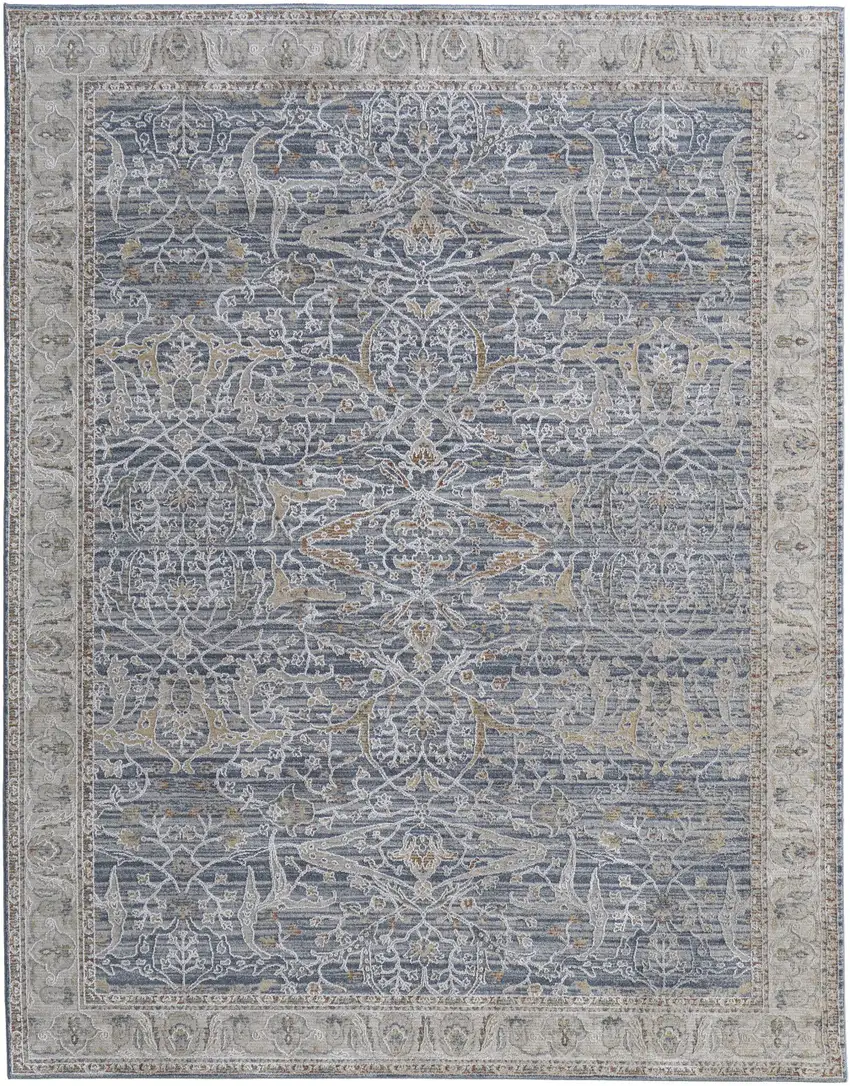 Taupe and Blue Ikat Power Loom Worn Faded Area Rug With Fringe Photo 5