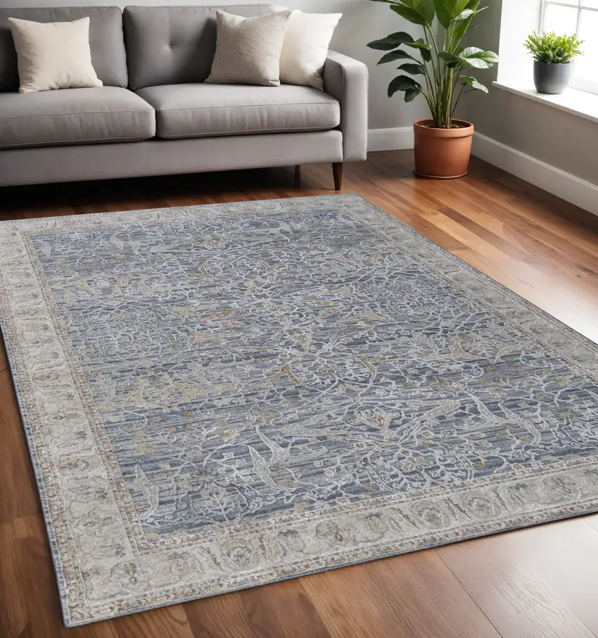 Blue Taupe And Ivory Ikat Distressed Area Rug With Fringe Photo 1