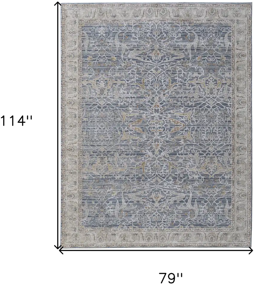 Taupe and Blue Ikat Power Loom Worn Faded Area Rug With Fringe Photo 3