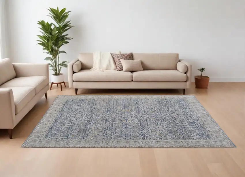 Taupe and Blue Ikat Power Loom Worn Faded Area Rug With Fringe Photo 1
