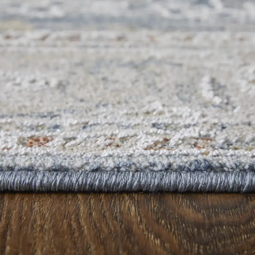 Blue Taupe And Ivory Ikat Distressed Area Rug With Fringe Photo 9