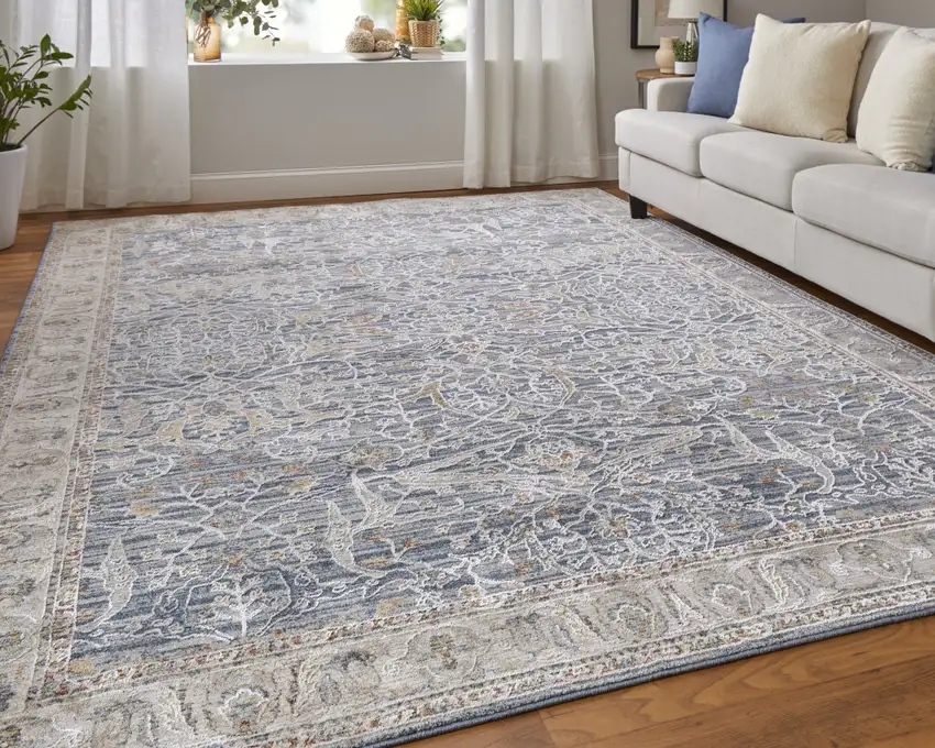Taupe and Blue Ikat Power Loom Worn Faded Area Rug With Fringe Photo 8