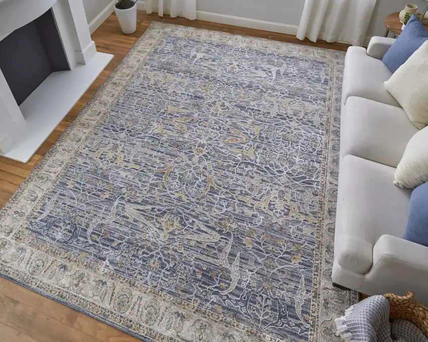 Taupe and Blue Ikat Power Loom Worn Faded Area Rug With Fringe Photo 9