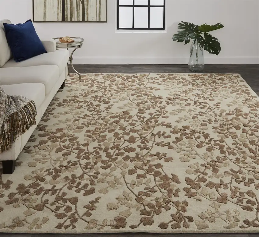 Taupe and Brown Floral Hand Tufted Area Rug Photo 8