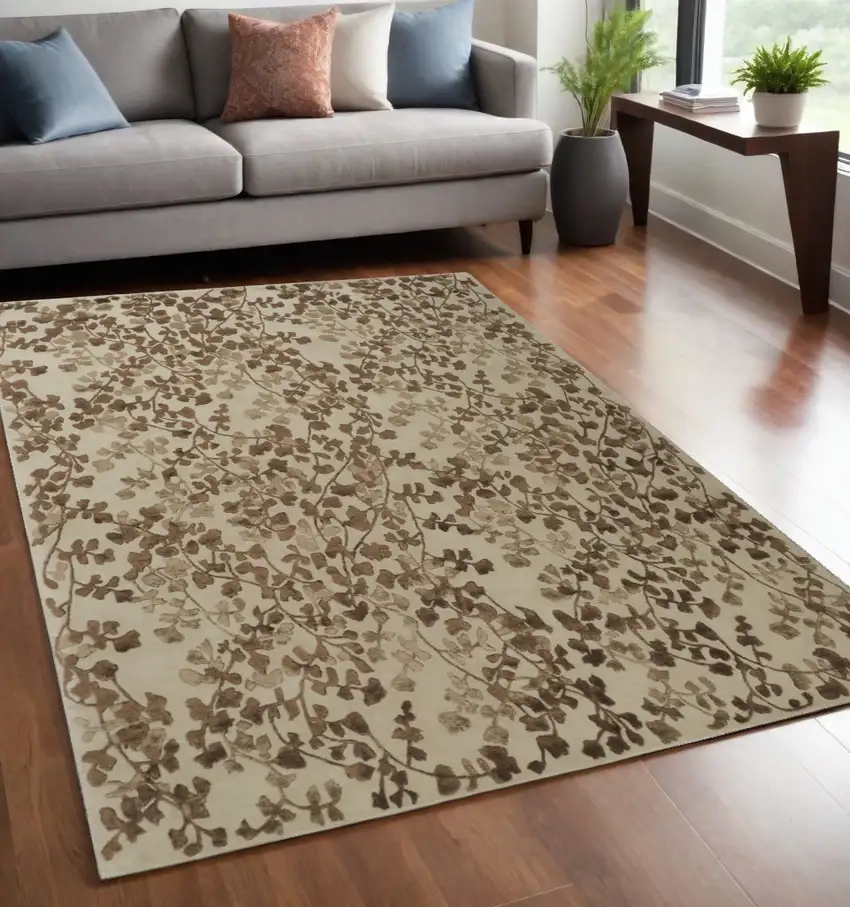 Taupe and Brown Floral Hand Tufted Area Rug Photo 2