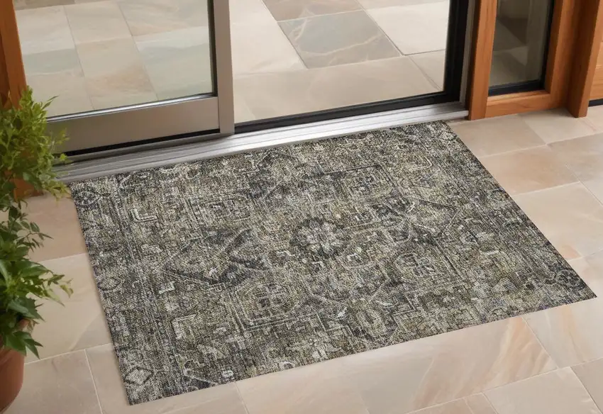 Taupe and Dark Taupe Oriental Washable Non Skid Indoor Outdoor Area Rug Photo 1
