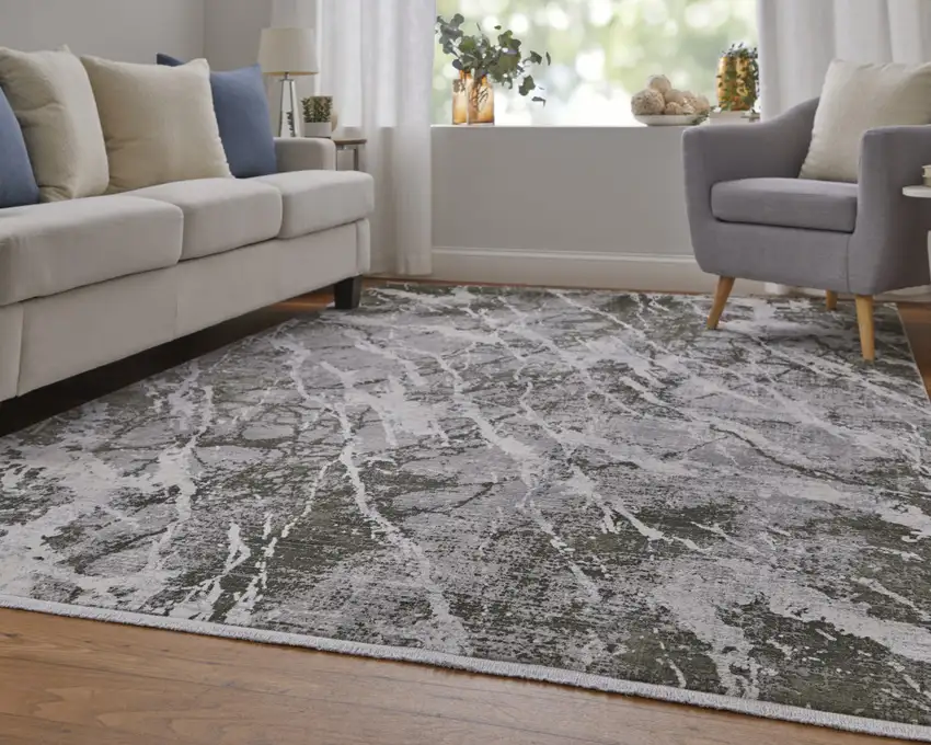 Taupe and Gray Abstract Power Loom Area Rug With Fringe Photo 8