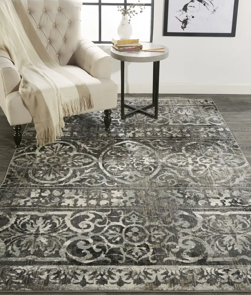 Taupe and Gray Abstract Power Loom Worn Faded Area Rug Photo 9