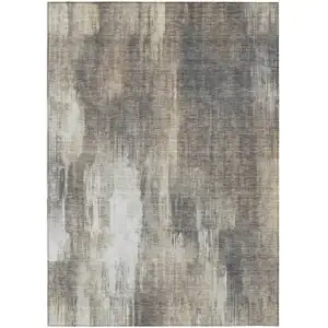 Photo of Taupe and Gray Abstract Washable Non Skid Indoor Outdoor Area Rug