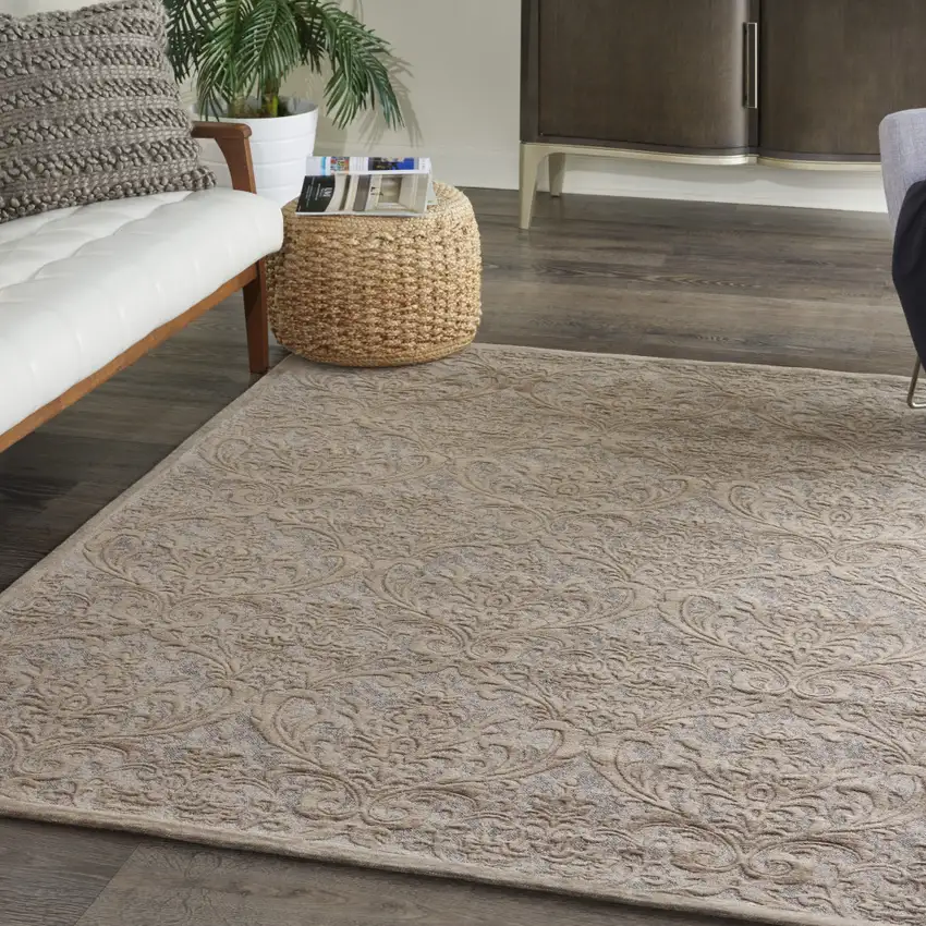 Taupe and Gray Damask Distressed Area Rug Photo 8