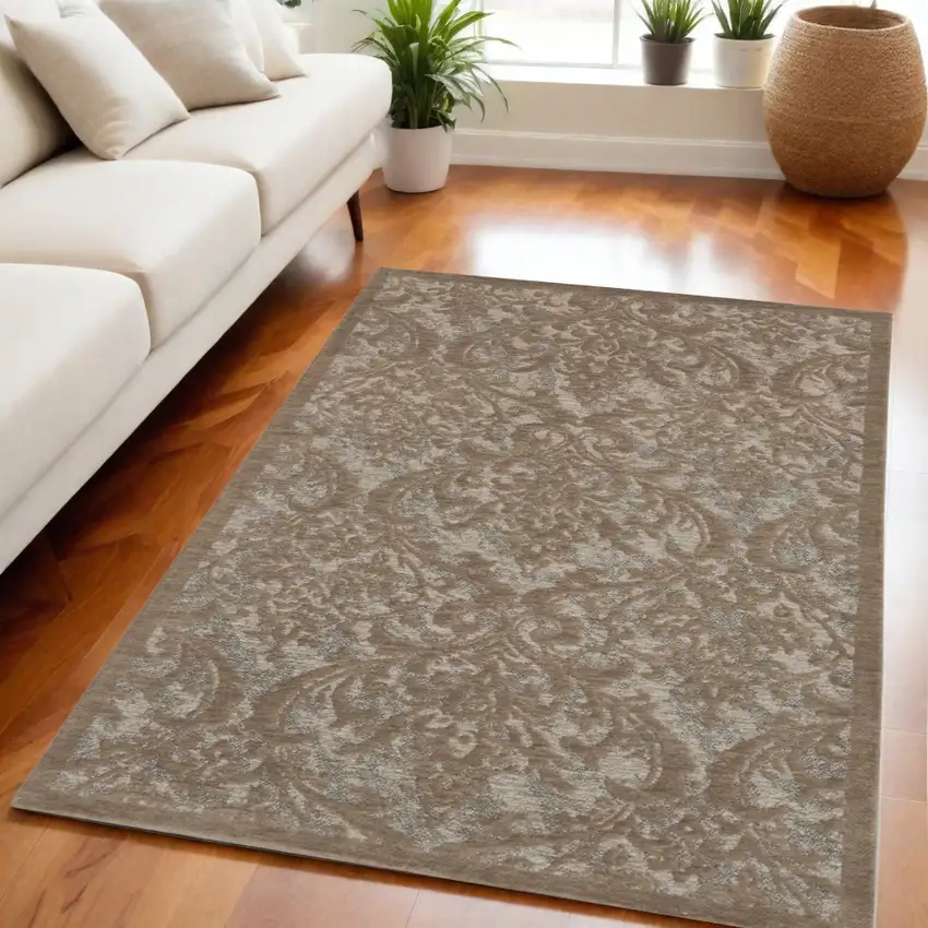 Taupe and Gray Damask Distressed Area Rug Photo 1