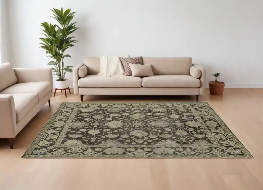 Taupe and Gray Wool Floral Hand Knotted Area Rug Photo 1