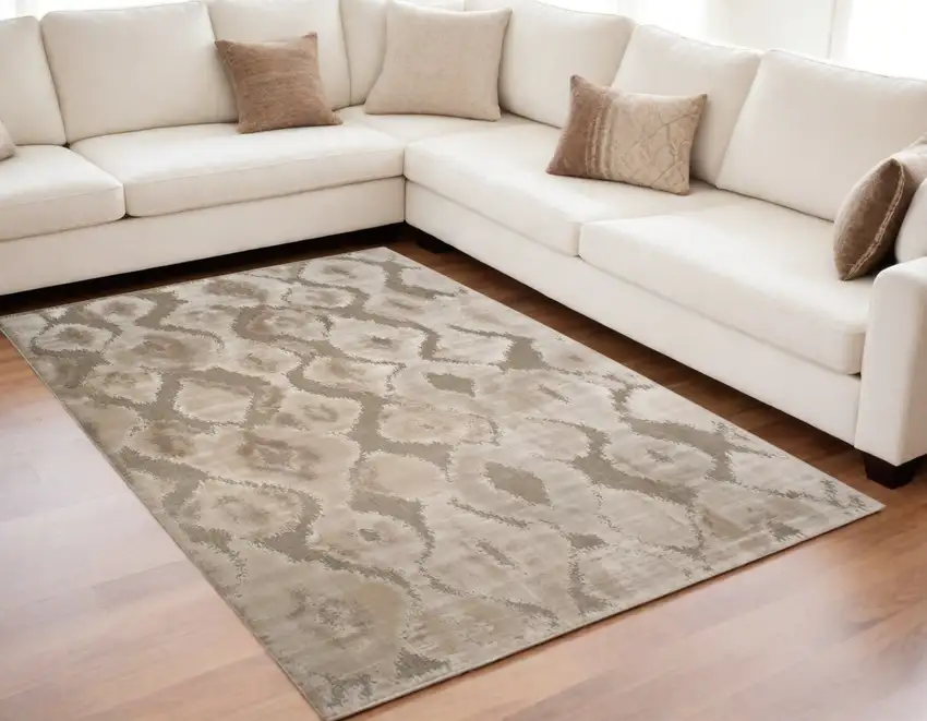 Taupe and Ivory Abstract Power Loom Worn Faded Area Rug Photo 1