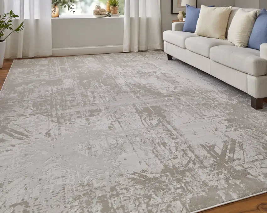 Taupe and Ivory Abstract Power Loom Worn Faded Area Rug Photo 7