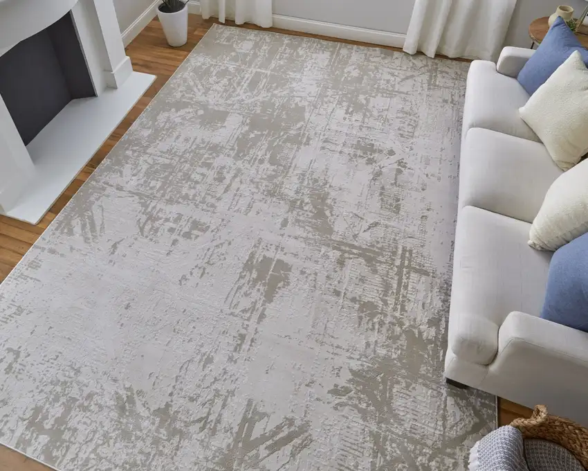 Taupe and Ivory Abstract Power Loom Worn Faded Area Rug Photo 6