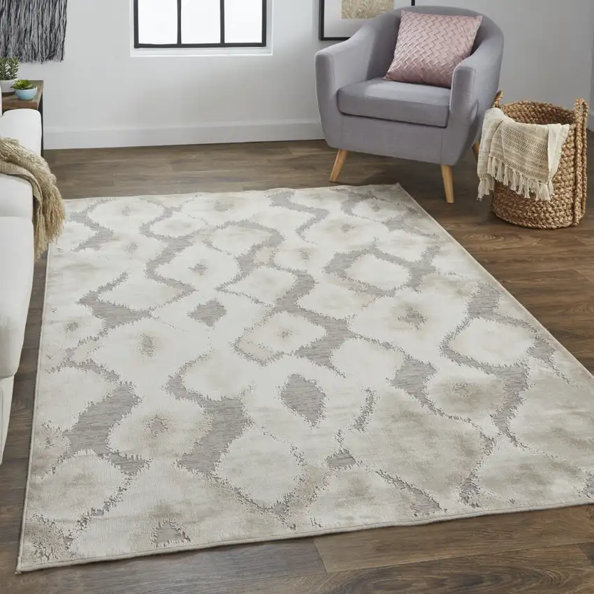 Taupe and Ivory Abstract Power Loom Worn Faded Area Rug Photo 8