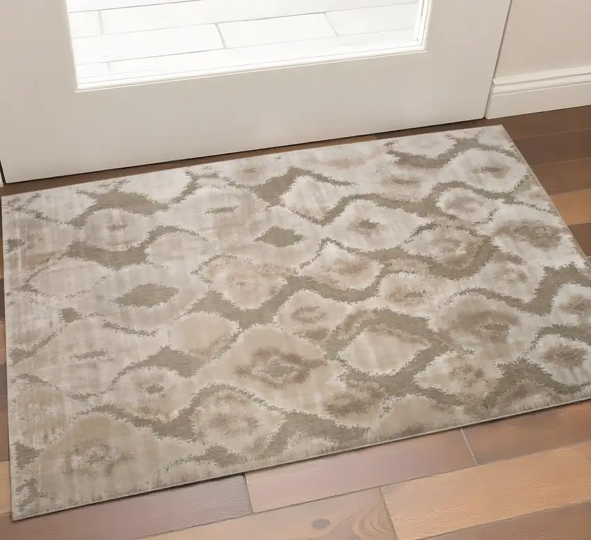 Taupe and Ivory Abstract Power Loom Worn Faded Area Rug Photo 1