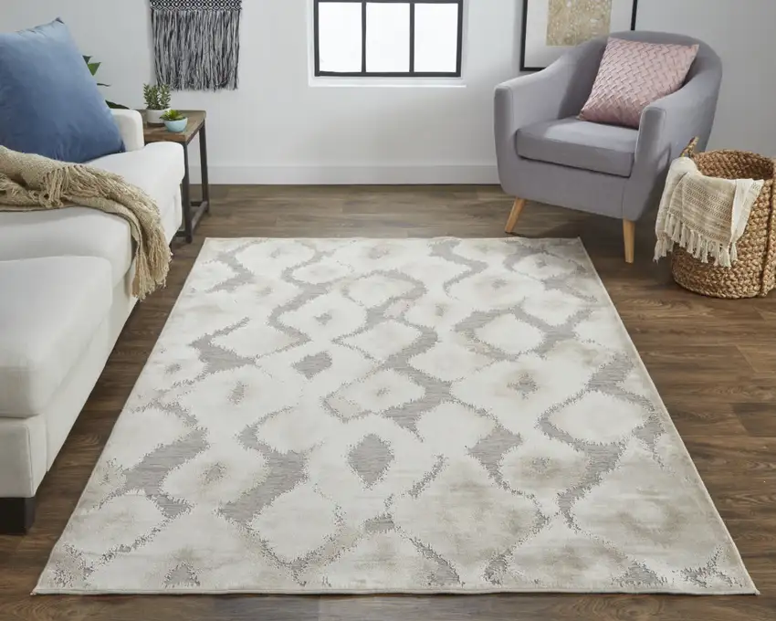 Taupe and Ivory Abstract Power Loom Worn Faded Area Rug Photo 6