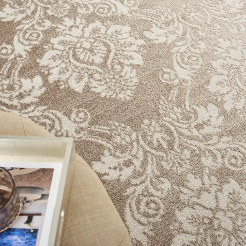 Taupe and Ivory Damask Distressed Non Skid Area Rug Photo 8